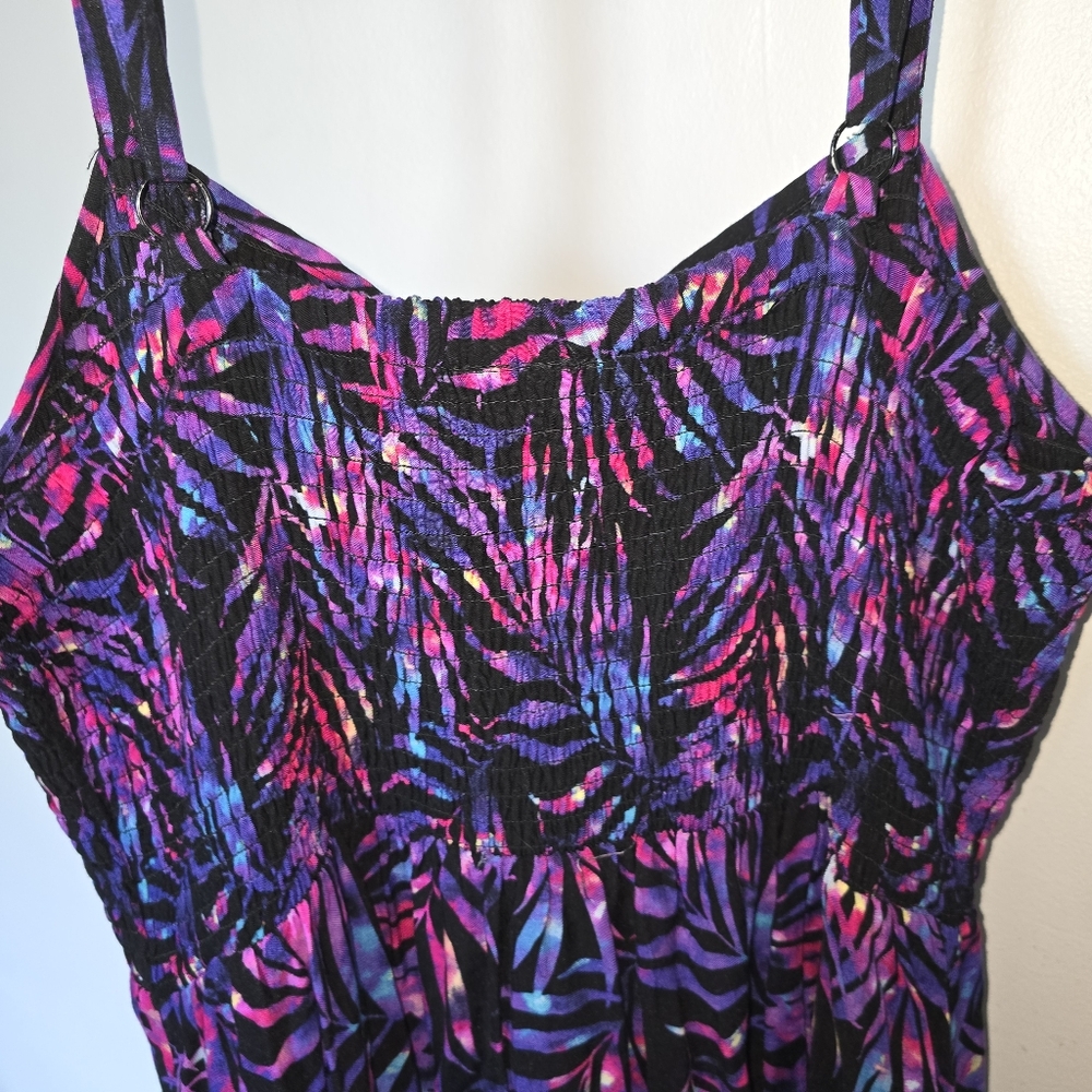 Torrid Smocked Pink and Purple Palm Leaf Dress - Plus Size: 2x - Picture 10 of 11
